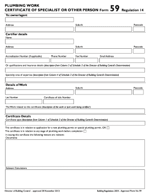 Plumbing Work Certificate Form 59