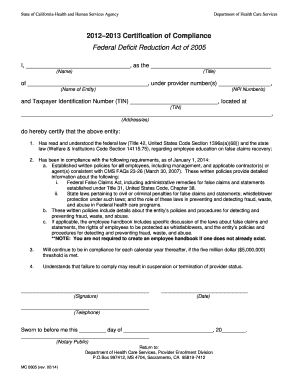 California Federal Deficit Reduction Act Compliance Certification