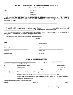 Request for Notice of Completion or Cessation