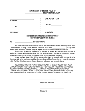 Form 9 - Notice of Intention to Request Entry of Section 3301(d) Divorce Decree