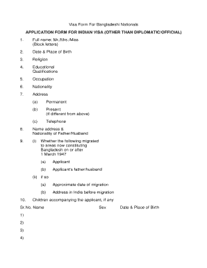 Indian Visa Application Form for Bangladeshi Nationals
