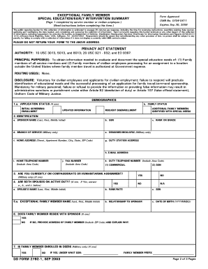 DD Form 2792-1 Exceptional Family Member Special Education Summary