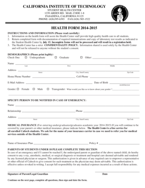 California Institute of Technology Student Health Form