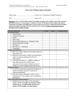 Problem Solving/Response to Intervention Observation Checklist
