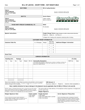 Bill of Lading Short Form