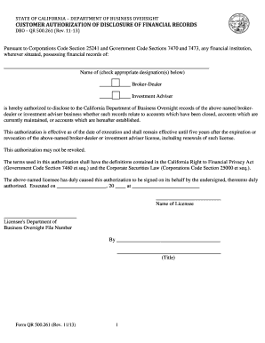 California Customer Authorization of Disclosure of Financial Records