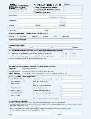 Master Builders Construction Works Insurance Application Form