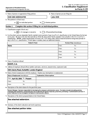 USCIS Form I-129L Classification Supplement