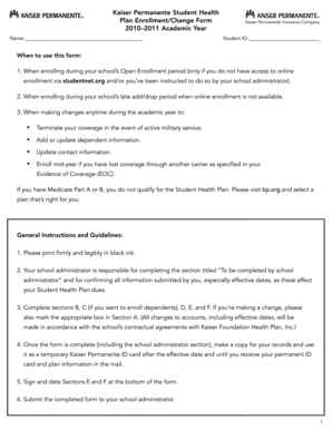 Kaiser Permanente Student Health Plan Enrollment Form