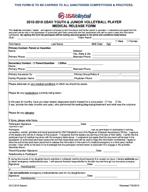 2015-2016 USA Volleyball Medical Release Form