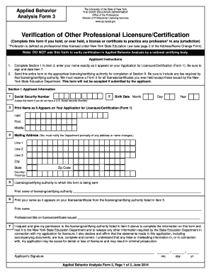 New York Applied Behavior Analysis Licensure Verification Form
