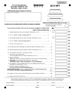 Philadelphia 2012 Net Profits Tax Form