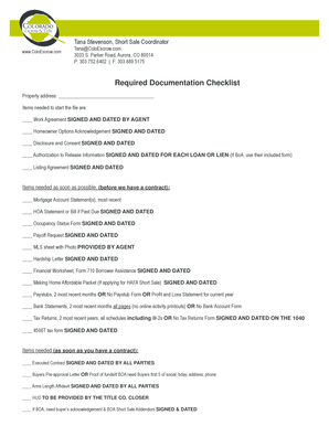 Colorado Short Sale Documentation Checklist