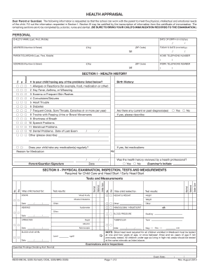 Michigan School Health Appraisal Form