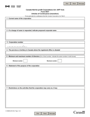 Canada Not-for-profit Corporations Act Articles of Continuance