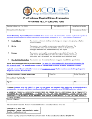 Pre-Enrollment Physical Fitness Examination Form