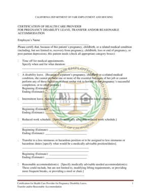 Certification of Health Care Provider for Pregnancy Disability Leave