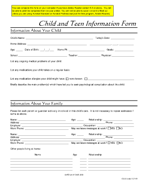 Child and Teen Information Form