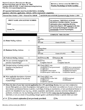 North Carolina Psychology Board License Renewal Application
