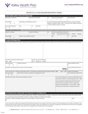Valley Health Plan Medical Claim Reimbursement Form