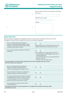 UK P50 Tax Repayment Claim Form