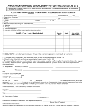 South Dakota Public School Exemption Certificate Application