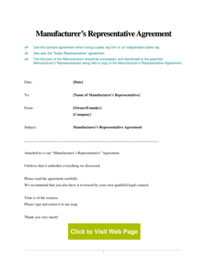 Manufacturer's Representative. This is a sample business contract for establishing the terms for hiring a manufacturer's sales representative