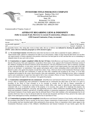 Virginia Affidavit Regarding Liens & Indemnity