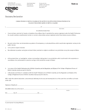 British Columbia Statutory Declaration for Nurses