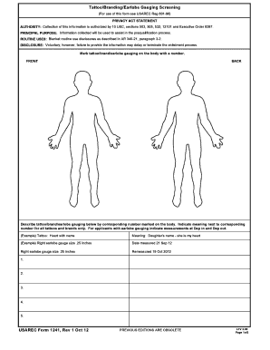 US Army Tattoo Branding Earlobe Gauging Screening Form