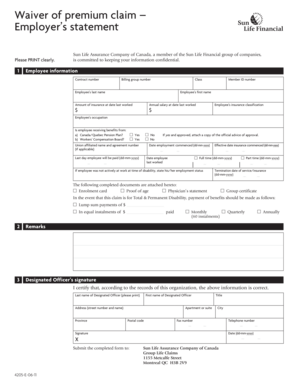 Waiver of Premium Claim Employer Statement