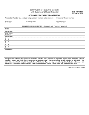 CBP Form 7501A Document Payment Transmittal