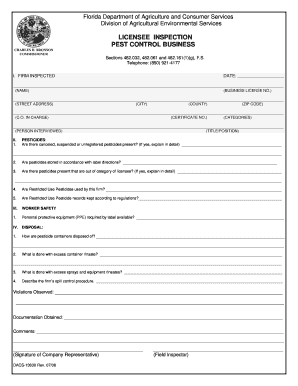 Florida Pest Control Business Inspection Form