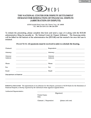 Demand for Resolution of Financial Dispute