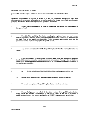 Financial Institutions Act 1994 Questionnaire for Qualifying Shareholders