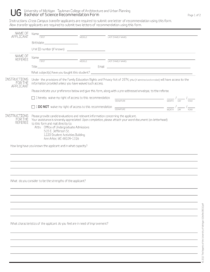 University of Michigan Bachelor of Science Recommendation Form