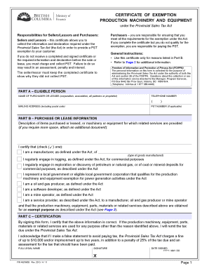 Certificate of Exemption for Production Machinery and Equipment