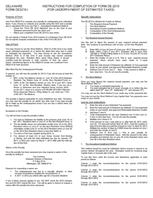 Delaware Form DE2210-I for Underpayment of Estimated Taxes