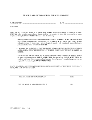 Minor’s Assumption of Risk Acknowledgment