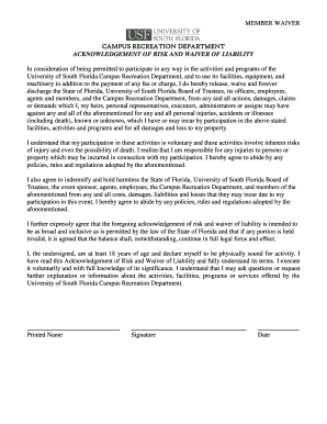 University of South Florida Campus Recreation Waiver