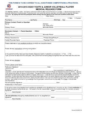 2014-2015 US Youth Volleyball Medical Release Form