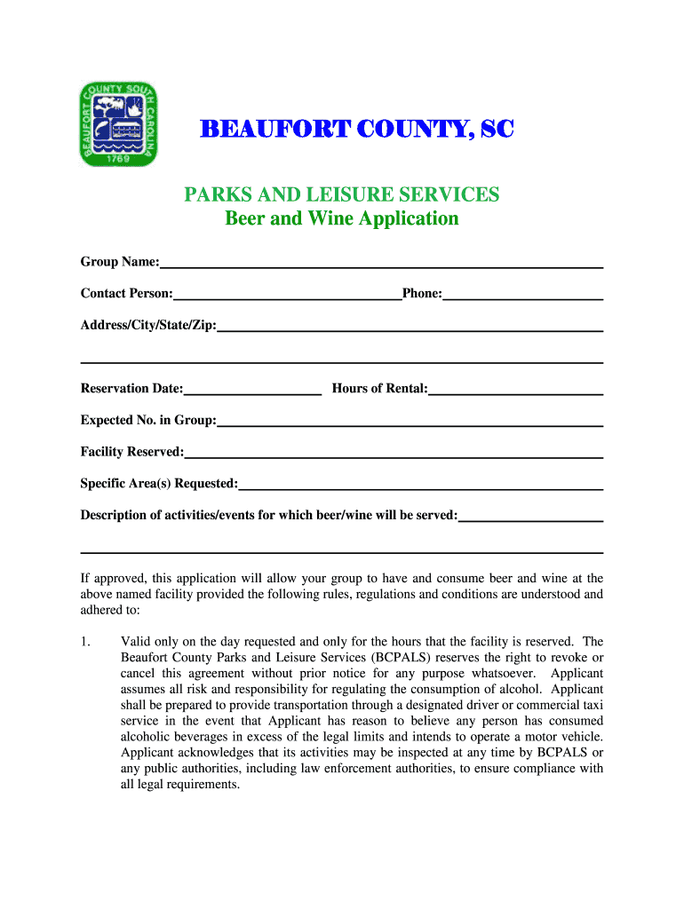 Fillable Online Beer and Wine Application Beaufort County Fax Email