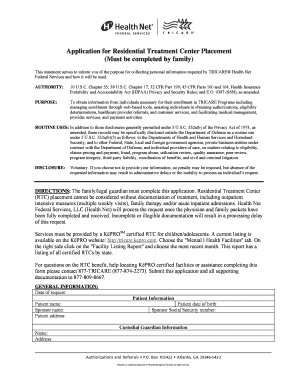Application for Residential Treatment Center Placement