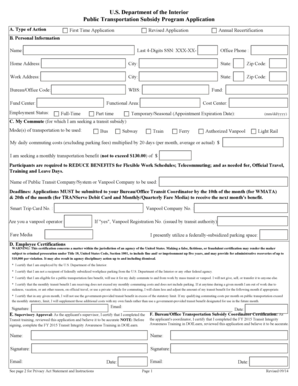 US Department of Interior Public Transportation Subsidy Program Application