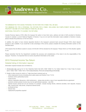 2010 T1 Personal Income Tax Checklist