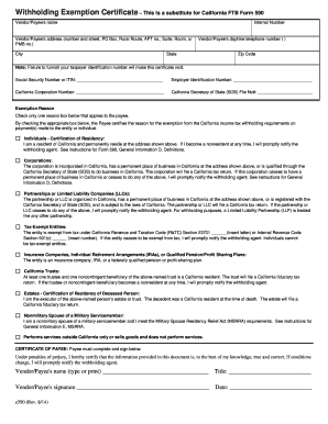 Withholding Exemption Certificate -- This is a substitute for California FTB Form 590