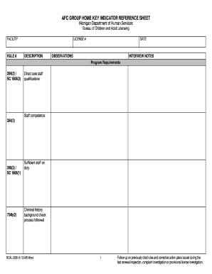 Michigan Group Home Key Indicator Reference Sheet