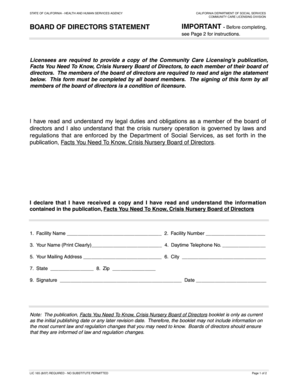 California Crisis Nursery Board of Directors Statement