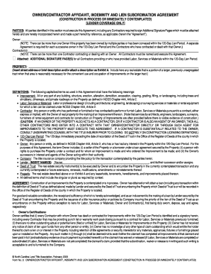 Owner/Contractor Affidavit, Indemnity and Lien Subordination Agreement