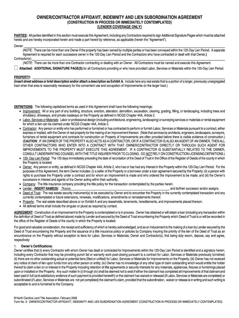 Fillable Online OwnerContractor Affidavit Indemnity Subordination Agreement Construction In